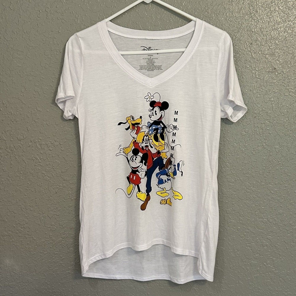 Disney Mickey Mouse Minnie Goofy Pluto Daffy Duck White Graphic Shirt Size Med